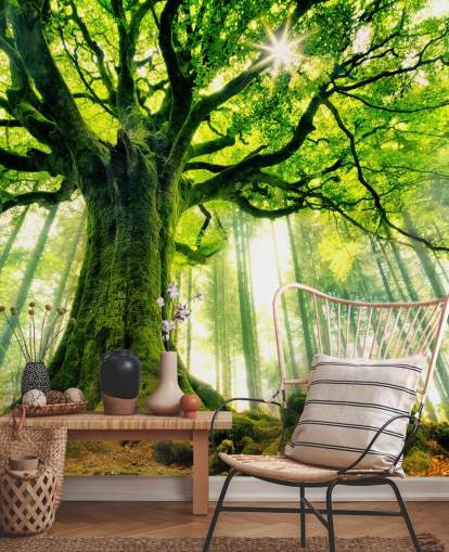 mural verde personalizable de papel pintado de árbol llamado Mother Tree para dormitorios y cocinas