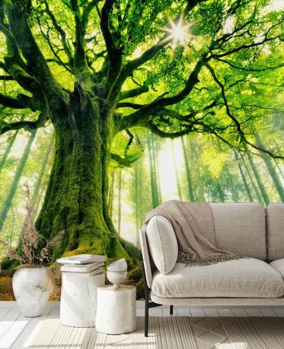 green customizable tree wallpaper mural called Mother Tree for bedrooms and kitchens