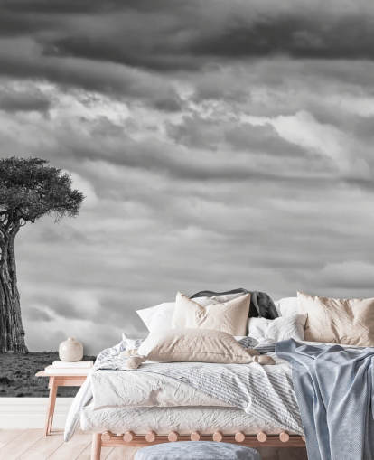 Black and White Elephant and Tree Mural