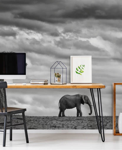 Black and White Elephant and Tree Mural