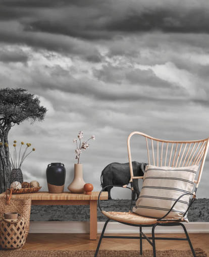 Black and White Elephant and Tree Mural