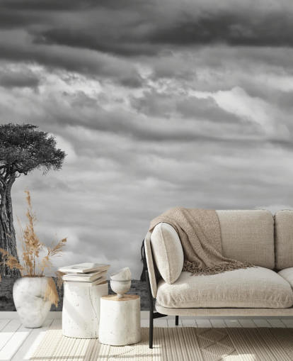 Decorazione murale con albero e elefante in bianco e nero