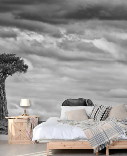 Black and White Elephant and Tree Mural