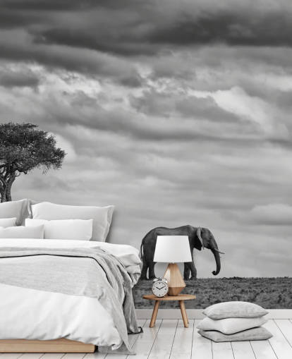 Black and White Elephant and Tree Mural