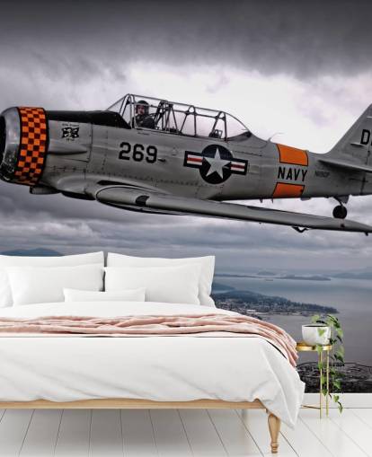 Flygande Hellcat Plane ovanför kusten Bakgrund