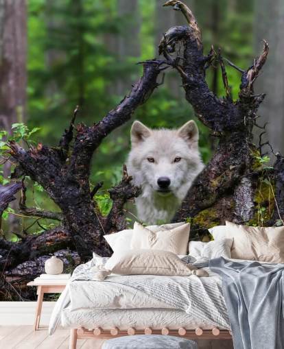 Papel pintado Lobo escondido en madera