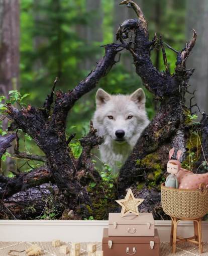 Papel pintado Lobo escondido en madera