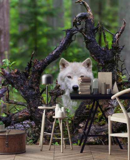 Papel pintado Lobo escondido en madera