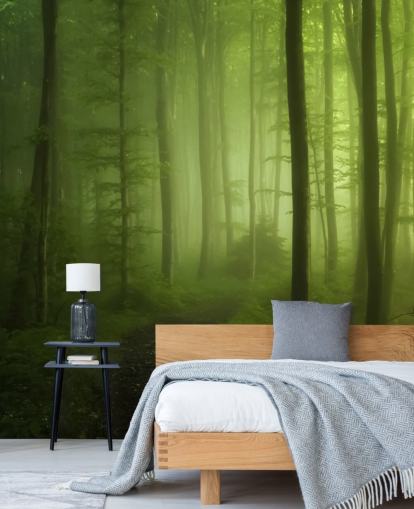 Misty Green Forest Behang Muurschildering Misty Green Forest Behang Muurschildering