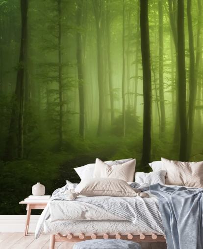 Misty Green Forest Behang Muurschildering Misty Green Forest Behang Muurschildering