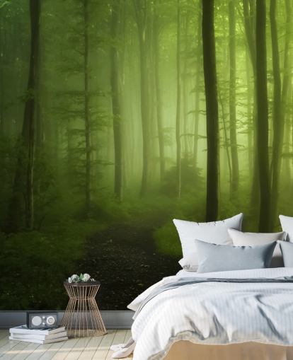 Sumuinen vihreä metsä taustakuva seinämaalaus