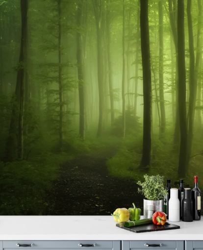 Nebliger grüner Wald Fototapete