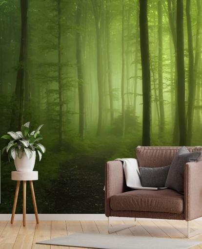 Misty Green Forest Behang Muurschildering