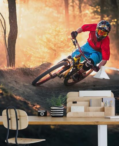 Fond d'écran de vélo de montagne sur la piste forestière