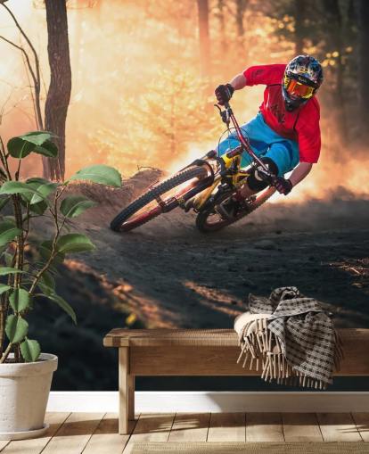 Mountainbiker op Forest Track behang