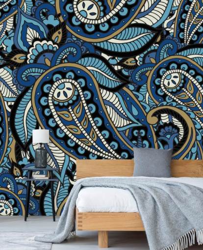 groot blauw paisley behang