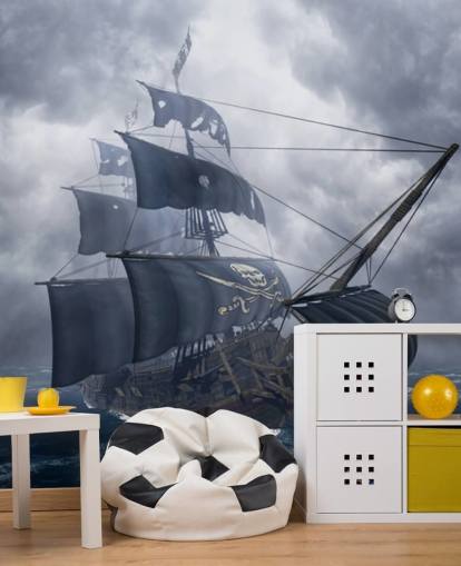 papel pintado de barco pirata de mares tormentosos grises