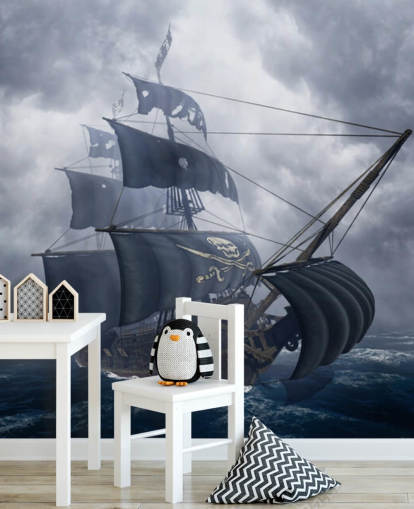 grijze stormachtige zeeën piratenschip behang