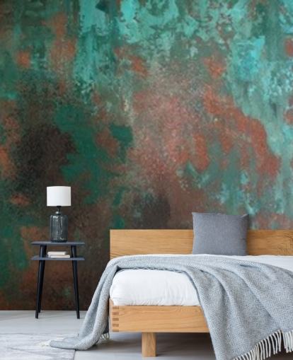 mural de papel pintado con efecto óxido verde y naranja llamado Emerald Rust para salas de estar y dormitorios