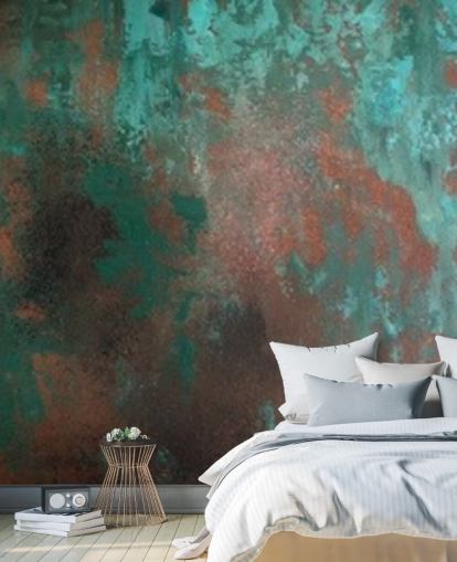 carta da parati murale effetto ruggine verde e arancione chiamata Emerald Rust per salotti e camere da letto