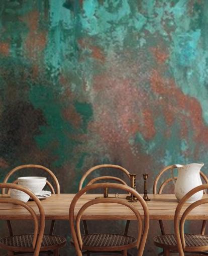mural de papel de parede com efeito de ferrugem verde e laranja chamado Emerald Rust para salas de estar e quartos