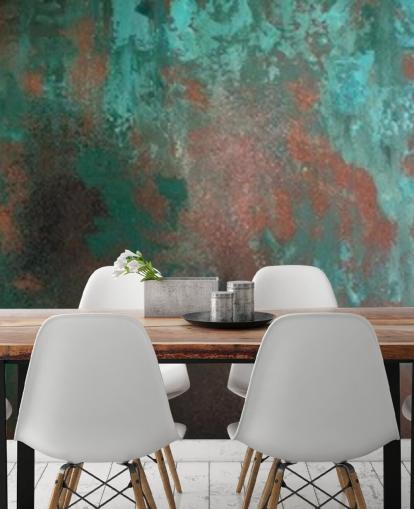 Tapeten-Wandbild mit grünem und orangefarbenem Rosteffekt namens Emerald Rust für Wohn- und Schlafzimmer Tapeten-Wandbild mit grünem und orangefarbenem Rosteffekt namens Emerald Rust für Wohn- und Schlafzimmer