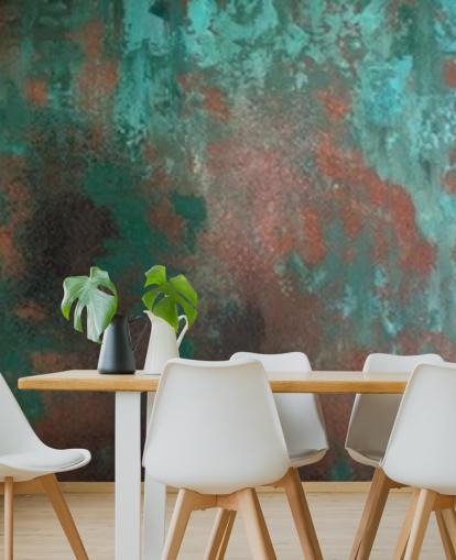mural de papel pintado con efecto óxido verde y naranja llamado Emerald Rust para salas de estar y dormitorios