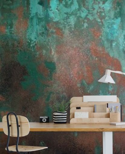 mural de papel de parede com efeito de ferrugem verde e laranja chamado Emerald Rust para salas de estar e quartos