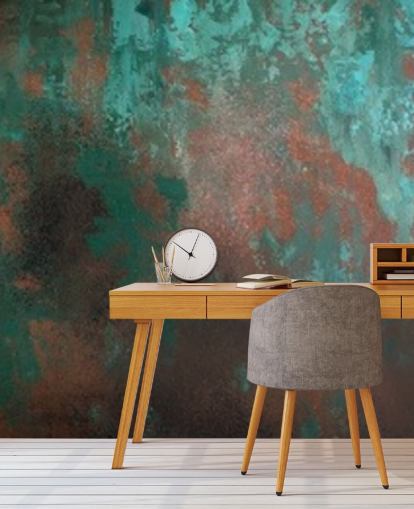 mural de papel pintado con efecto óxido verde y naranja llamado Emerald Rust para salas de estar y dormitorios