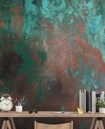 mural de papel pintado con efecto óxido verde y naranja llamado Emerald Rust para salas de estar y dormitorios