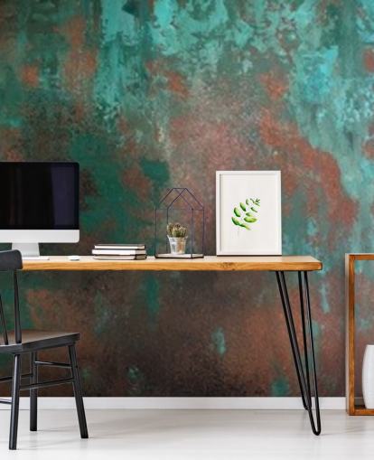 green and orange rust effect wallpaper mural called Emerald Rust for living rooms and bedrooms