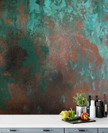 green and orange rust effect wallpaper mural called Emerald Rust for living rooms and bedrooms