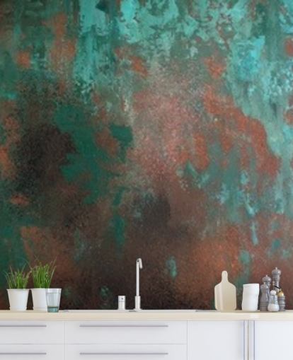 behangmuurschildering met groen en oranje roesteffect genaamd Emerald Rust voor woonkamers en slaapkamers behangmuurschildering met groen en oranje roesteffect genaamd Emerald Rust voor woonkamers en slaapkamers