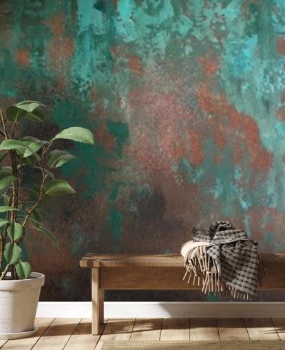 grön och orange rosteffekt tapetväggmålning kallad Emerald Rust för vardagsrum och sovrum