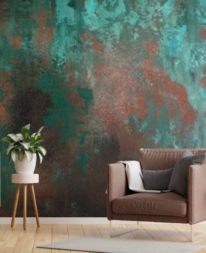 mural de papel de parede com efeito de ferrugem verde e laranja chamado Emerald Rust para salas de estar e quartos