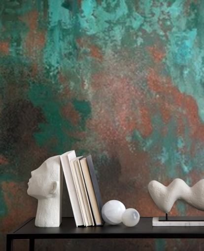 behangmuurschildering met groen en oranje roesteffect genaamd Emerald Rust voor woonkamers en slaapkamers