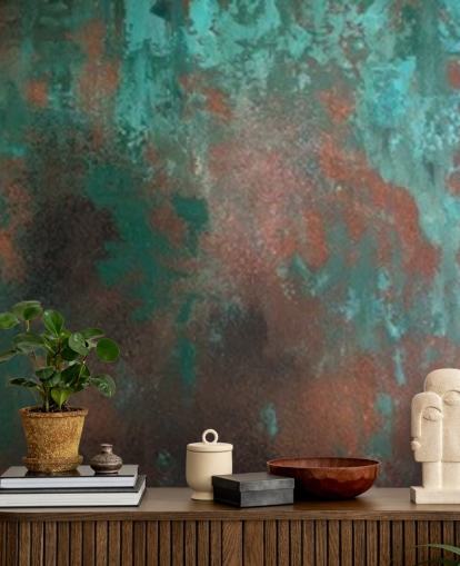 Tapeten-Wandbild mit grünem und orangefarbenem Rosteffekt namens Emerald Rust für Wohn- und Schlafzimmer