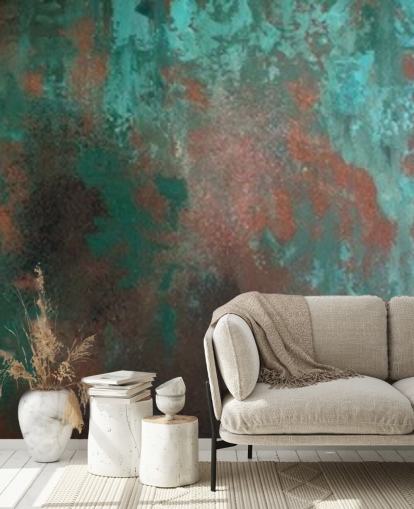Tapeten-Wandbild mit grünem und orangefarbenem Rosteffekt namens Emerald Rust für Wohn- und Schlafzimmer