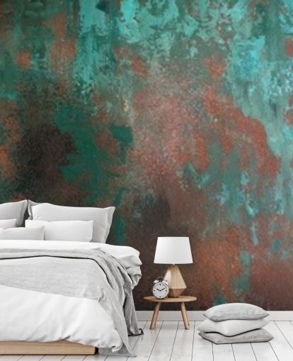 vihreä ja oranssi ruosteefektitaustakuvamaalaus nimeltä Emerald Rust olohuoneisiin ja makuuhuoneisiin