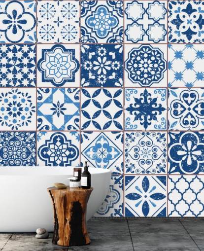 Papier Peint Carrelage Vintage Bleu et Blanc