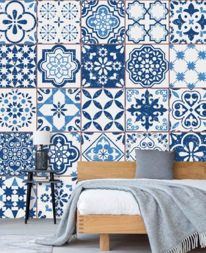 Papel pintado Azulejos desgastados vintage azul y blanco