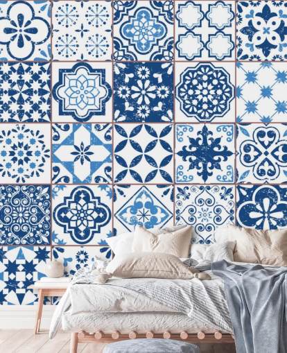 Papel pintado Azulejos desgastados vintage azul y blanco