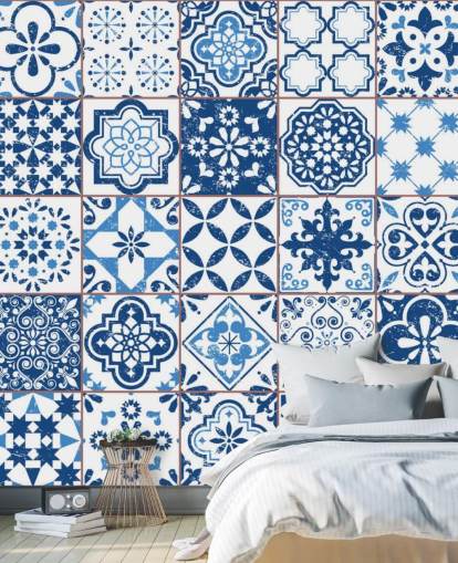 Papel pintado Azulejos desgastados vintage azul y blanco