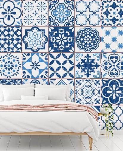 Papel pintado Azulejos desgastados vintage azul y blanco
