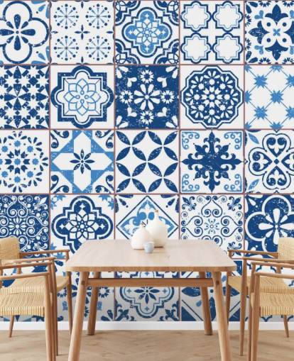 Papel de parede azul e branco Vintage Worn Tiles