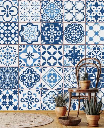 Papel pintado Azulejos desgastados vintage azul y blanco