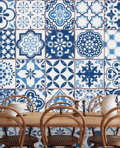 Papel pintado Azulejos desgastados vintage azul y blanco