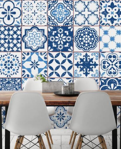 Blue and White Vintage Worn Tiles Wallpaper