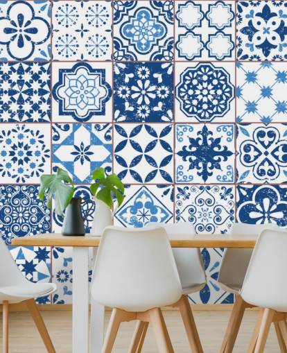 Papel pintado Azulejos desgastados vintage azul y blanco Papel pintado Azulejos desgastados vintage azul y blanco