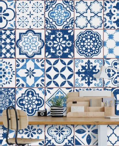 Blue and White Vintage Worn Tiles Wallpaper